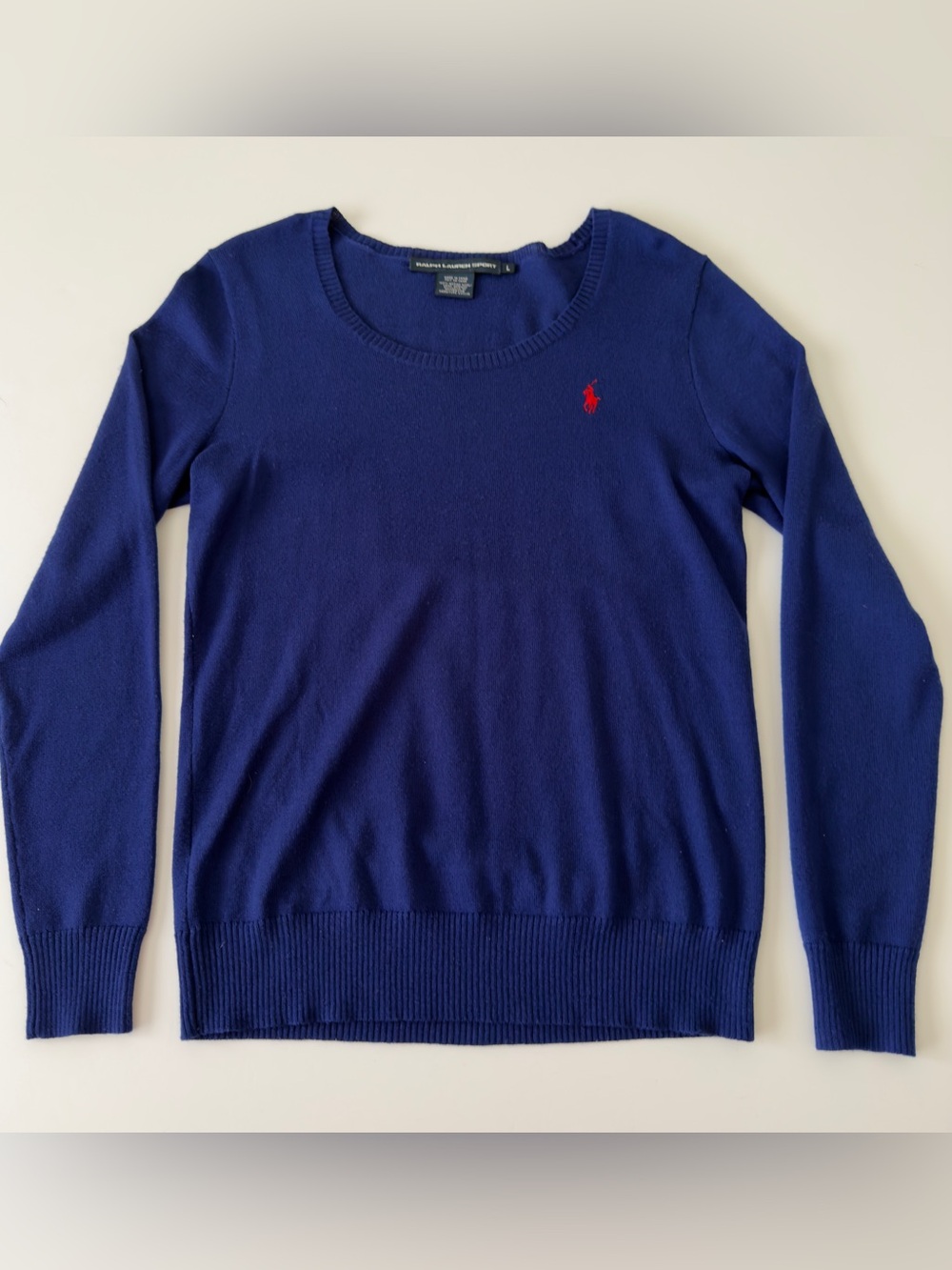 Ralph Lauren Sport Sweater Wom Large Blue Red Pony Crew Merino Wool Tight Knit